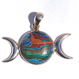 🌙 Rainbow Casillica Triple Moon Goddess Pendant | Sterling Silver Boho Wiccan